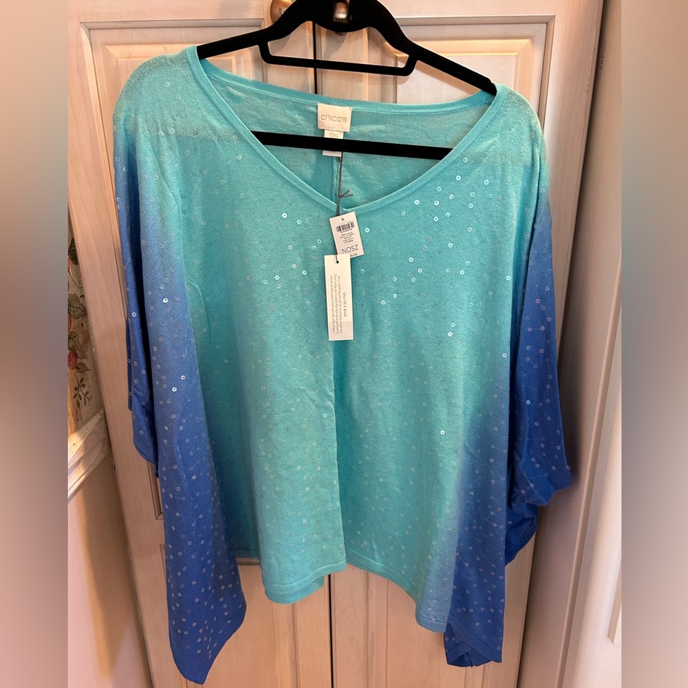 CHICO'S AQUA/BLUE  LIGHTWEIGHT PONCHO EMBELLISHED WITH SEQUINS SZ 0S NWT